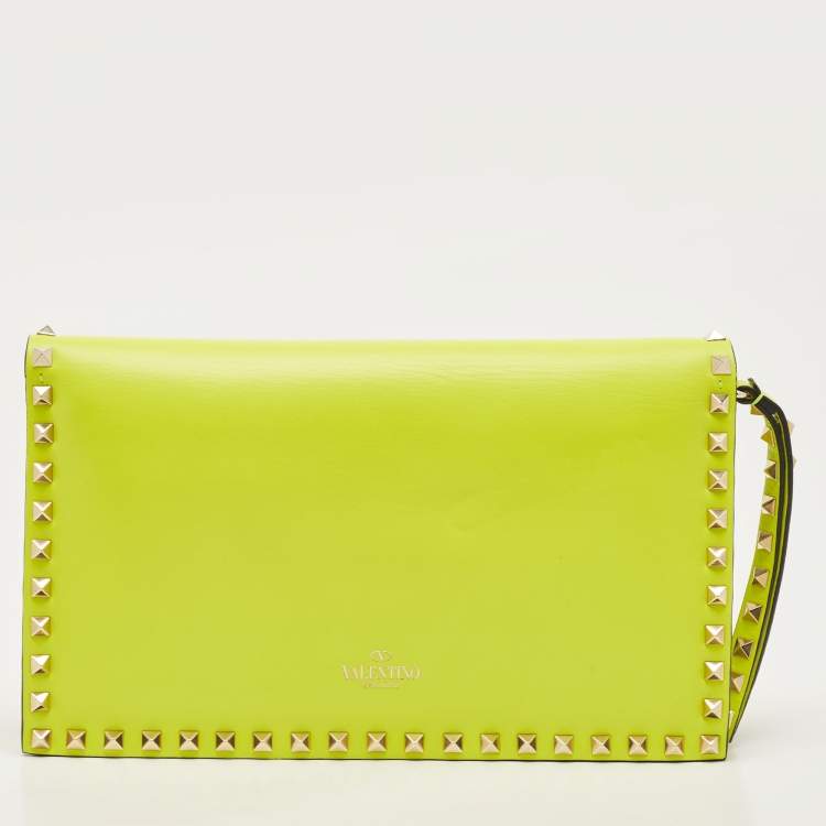 Pre Owned Valentino Neon Yellow Leather Rockstud Flap Wristlet Clutch