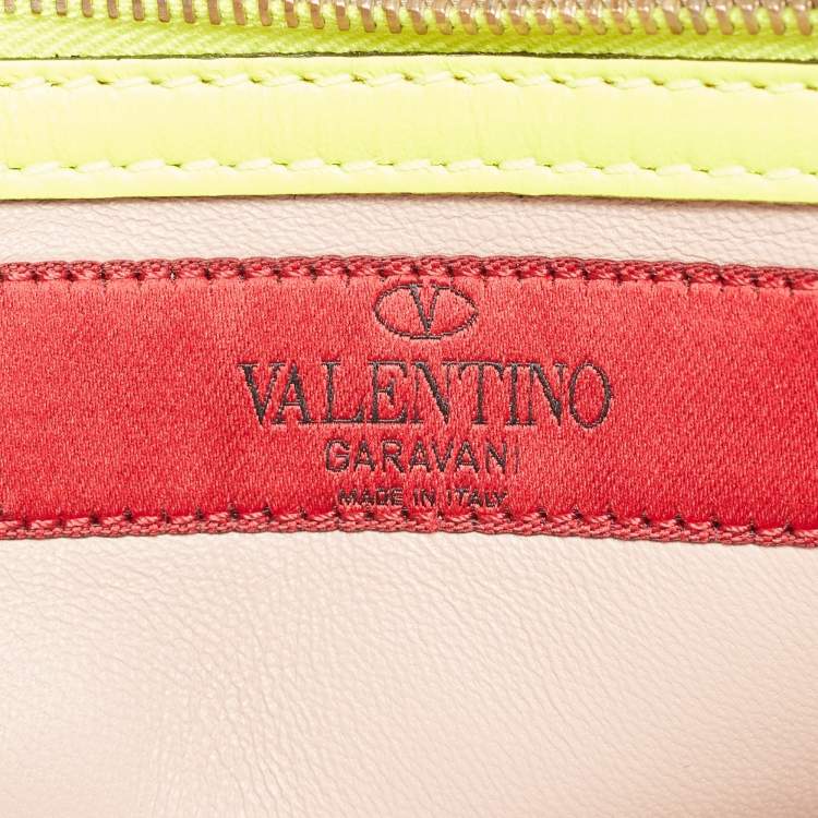 Pre Owned Valentino Neon Yellow Leather Rockstud Flap Wristlet Clutch