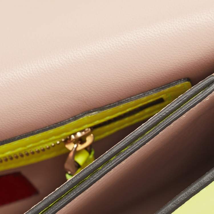Pre Owned Valentino Neon Yellow Leather Rockstud Flap Wristlet Clutch