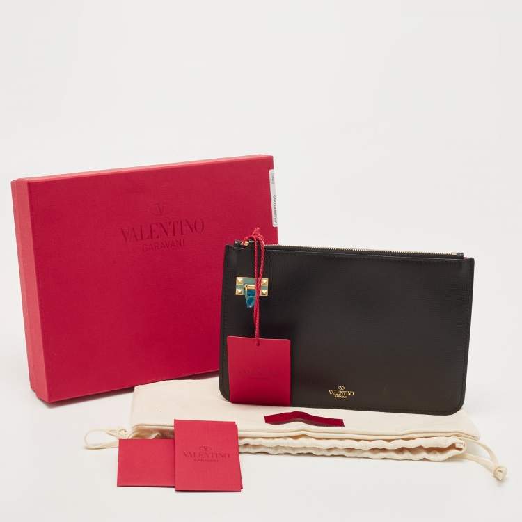 Pre Owned Valentino Black Leather Small Rockstud Lock Flat Pouch 