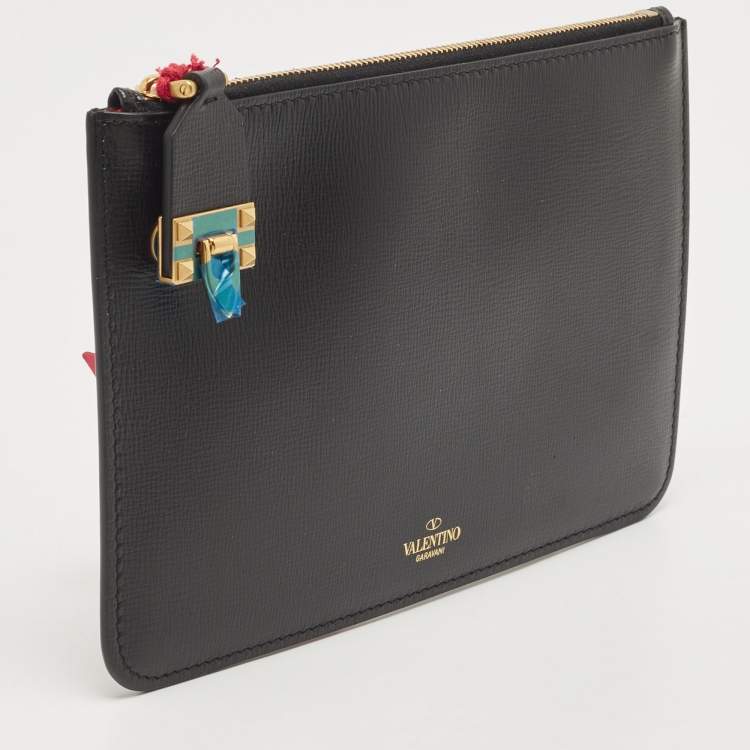 Pre Owned Valentino Black Leather Small Rockstud Lock Flat Pouch 
