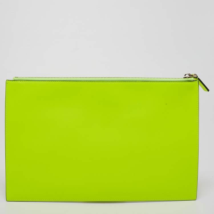 Pre Owned  Valentino Neon Green Leather Vlogo Flat Zip Pouch