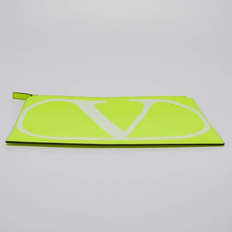 Pre Owned  Valentino Neon Green Leather Vlogo Flat Zip Pouch