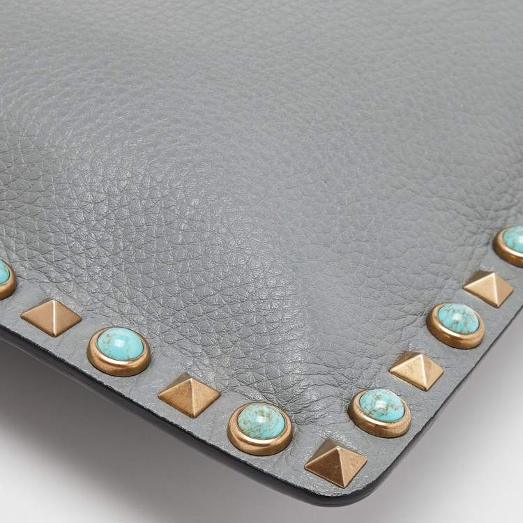 Pre Owned Valentino Grey Leather Rolling Rockstud Zip Pouch