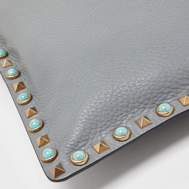 Pre Owned Valentino Grey Leather Rolling Rockstud Zip Pouch