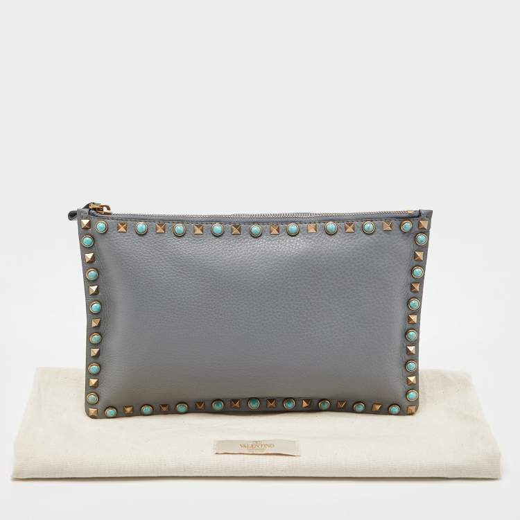 Pre Owned Valentino Grey Leather Rolling Rockstud Zip Pouch