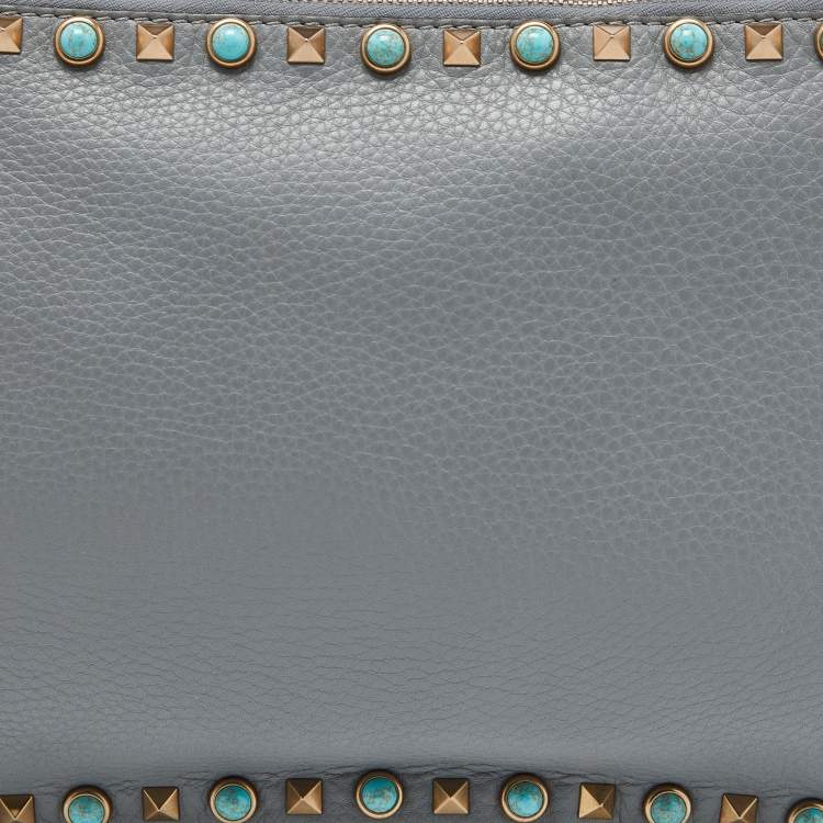 Pre Owned Valentino Grey Leather Rolling Rockstud Zip Pouch