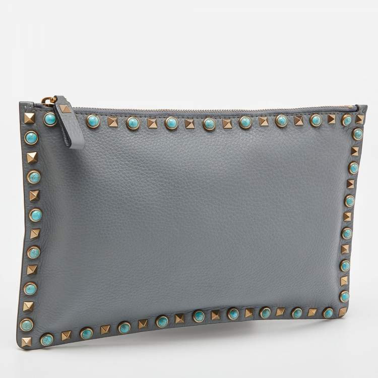 Pre Owned Valentino Grey Leather Rolling Rockstud Zip Pouch
