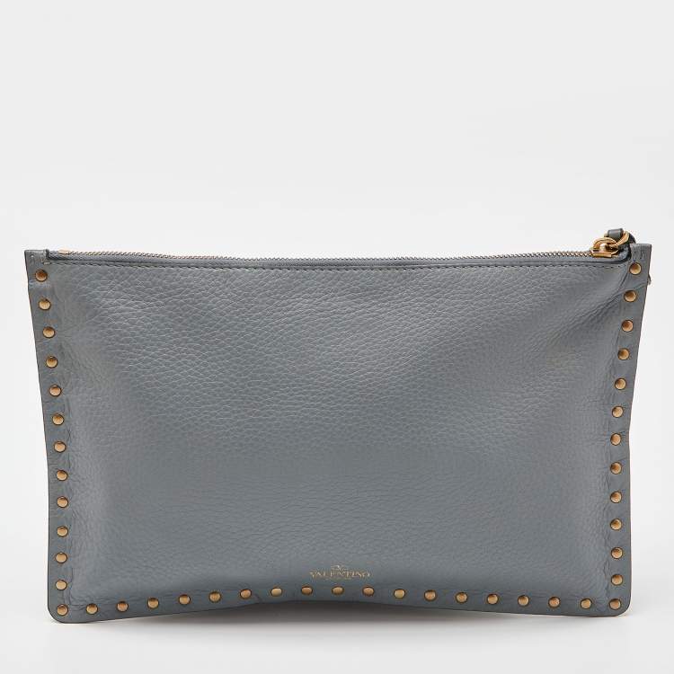 Pre Owned Valentino Grey Leather Rolling Rockstud Zip Pouch