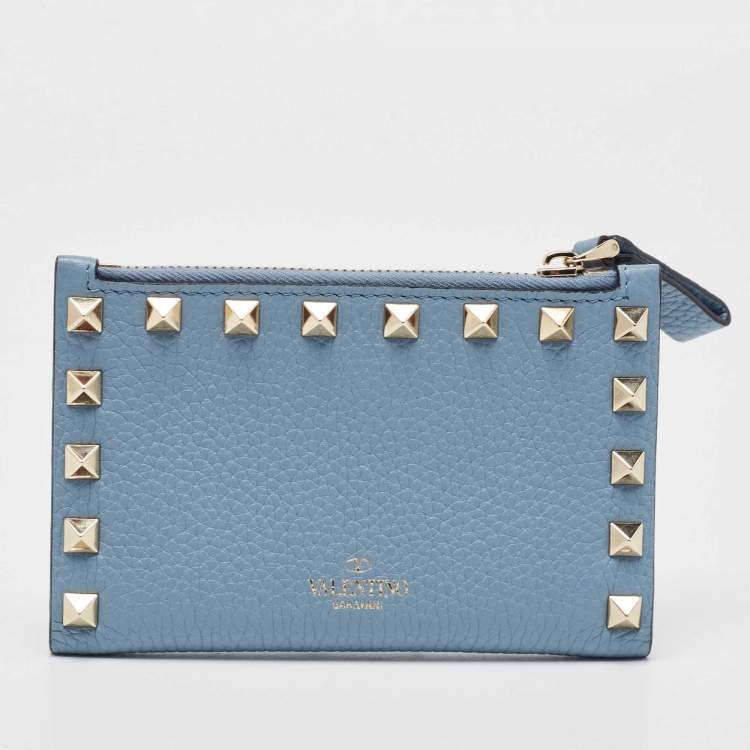 مملوكة مسبقًا Valentino Blue Leather Rockstud Bifold Card Wallet