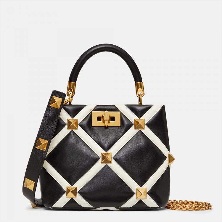 Valentino Black/Off-White Quilted Leather Roman Stud Top Handle