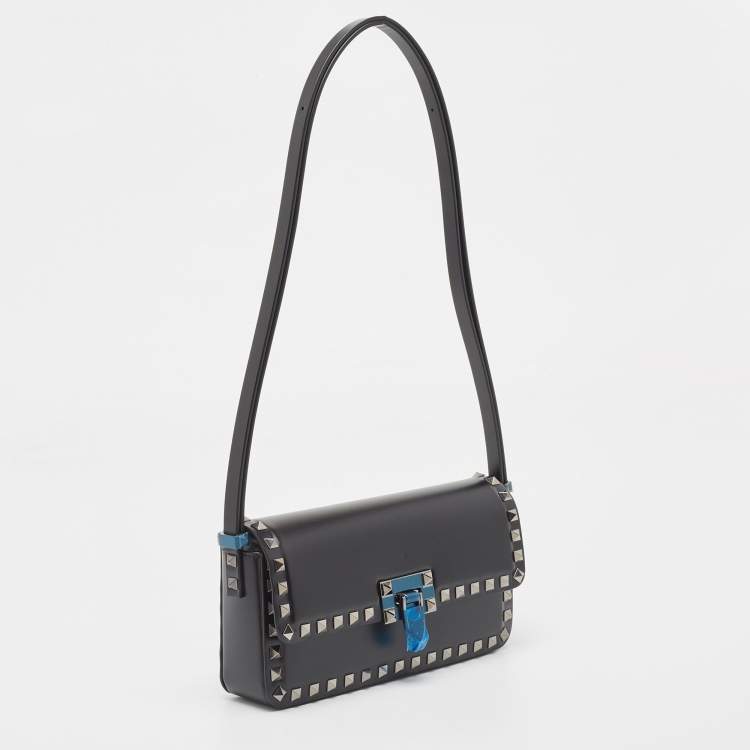 Pre Owned Valentino Black Leather Rockstud Flap Shoulder Bag