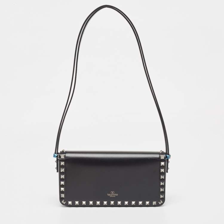 Pre Owned Valentino Black Leather Rockstud Flap Shoulder Bag