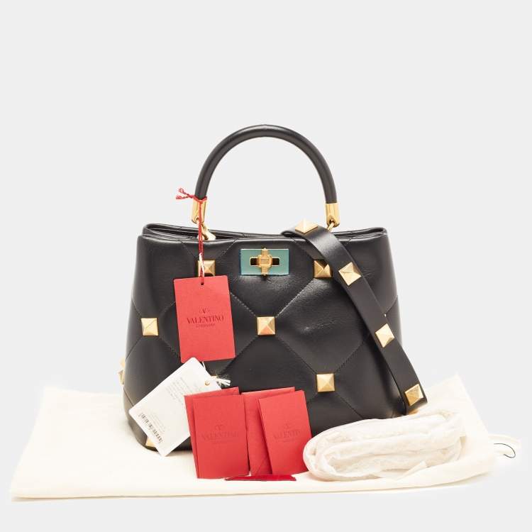 Pre Owned Valentino Black Quilted Leather Roman Stud Top Handle Bag