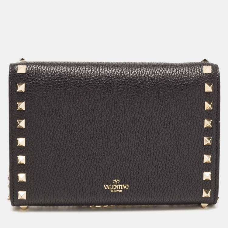 Pre Owned Valentino Black Leather Rockstud Envelope Wallet on Chain