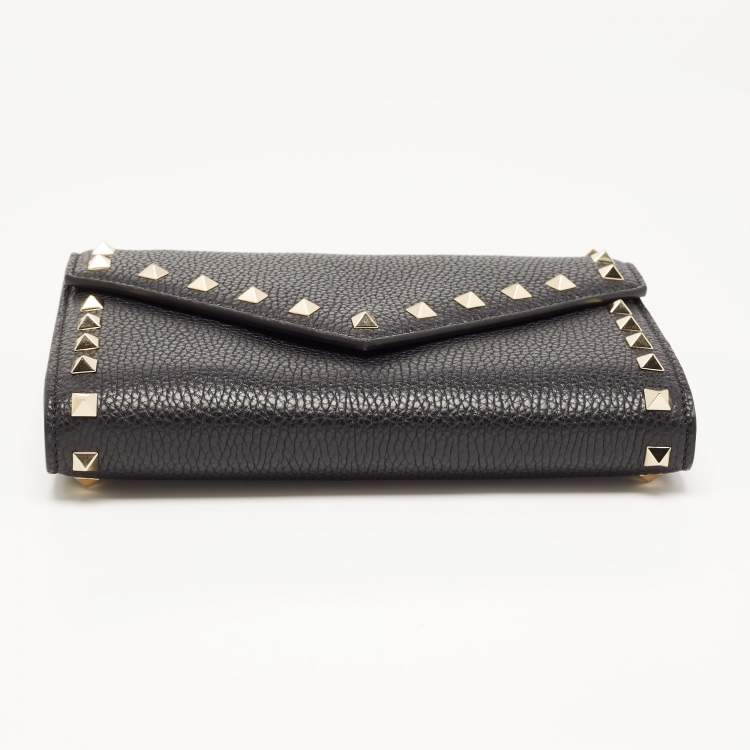 Pre Owned Valentino Black Leather Rockstud Envelope Wallet on Chain