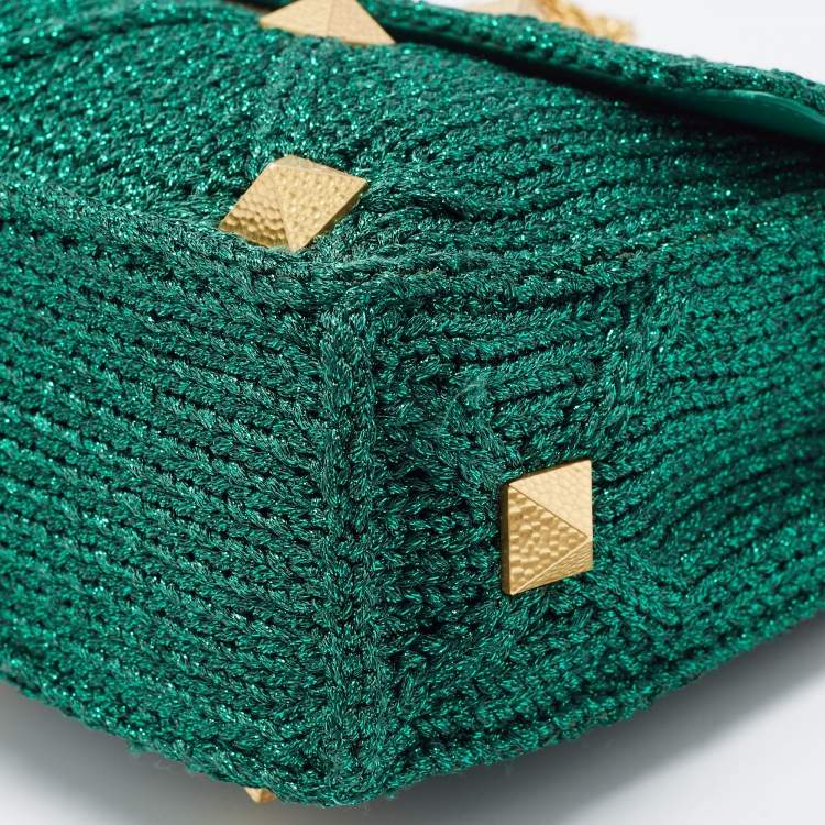 Pre Owned Valentino Green Lurex Frabric Large Roman Stud Shoulder Bag