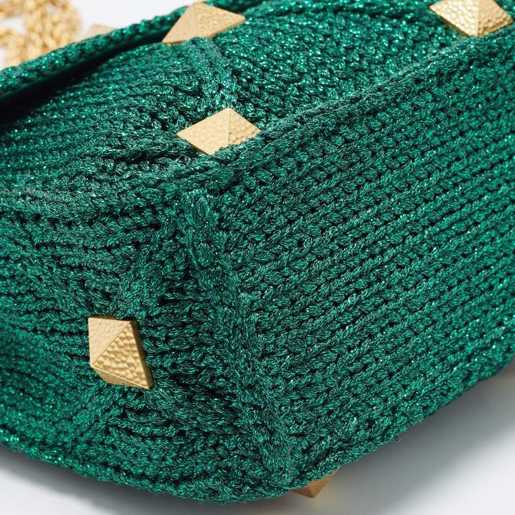 Pre Owned Valentino Green Lurex Frabric Large Roman Stud Shoulder Bag