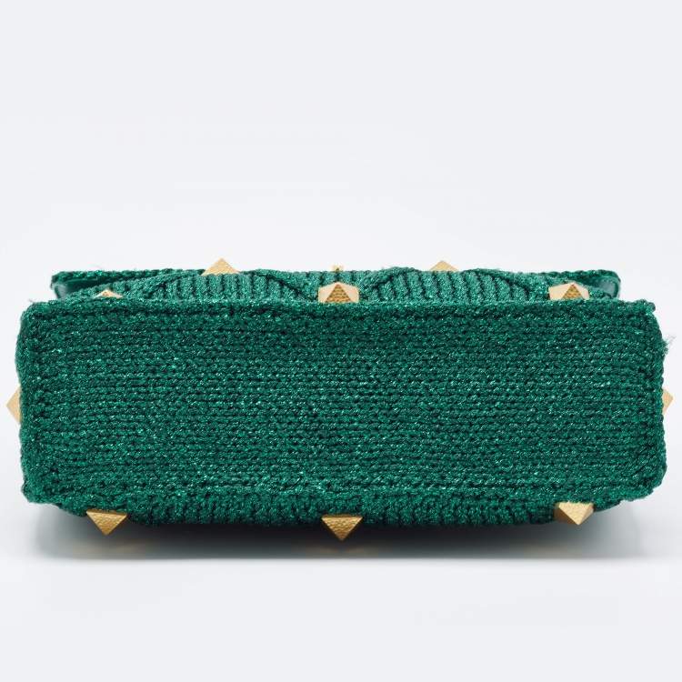 Pre Owned Valentino Green Lurex Frabric Large Roman Stud Shoulder Bag