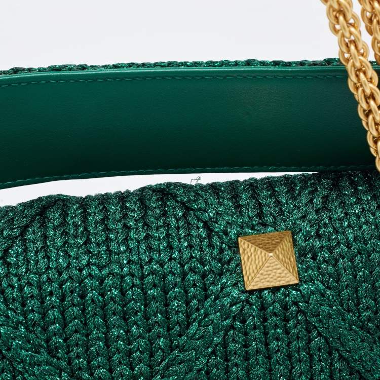 Pre Owned Valentino Green Lurex Frabric Large Roman Stud Shoulder Bag