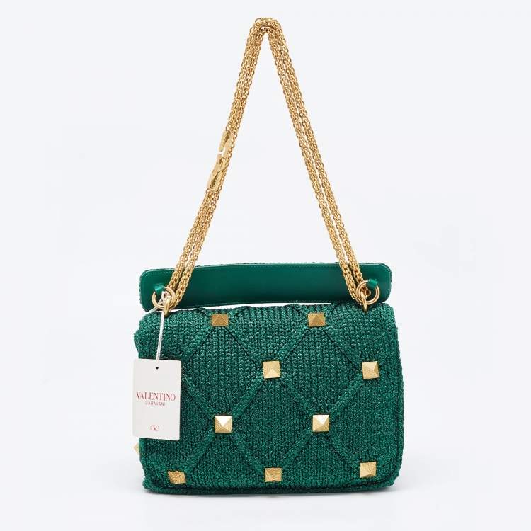 Pre Owned Valentino Green Lurex Frabric Large Roman Stud Shoulder Bag