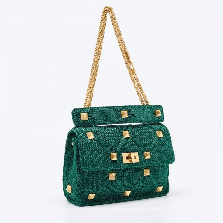 Pre Owned Valentino Green Lurex Frabric Large Roman Stud Shoulder Bag