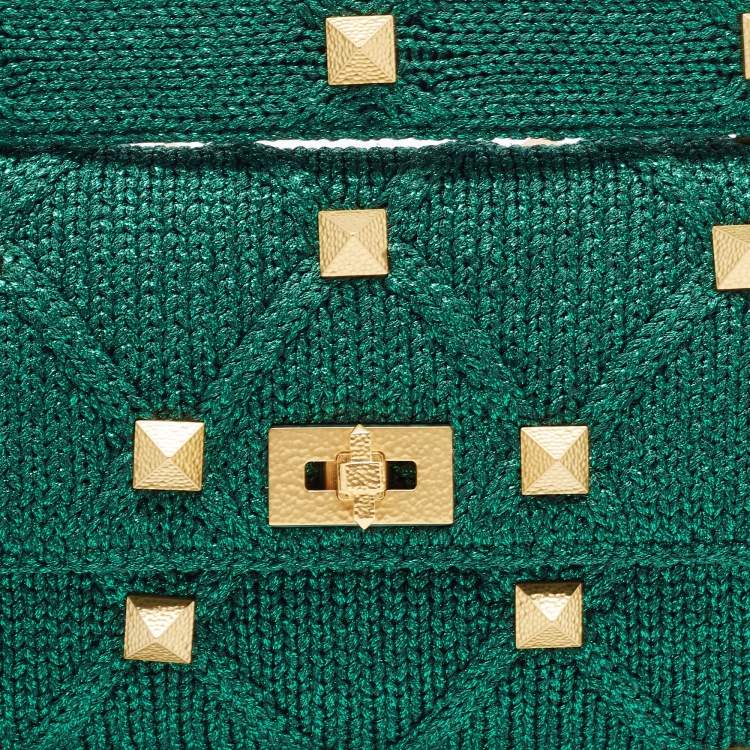 Pre Owned Valentino Green Lurex Frabric Large Roman Stud Shoulder Bag