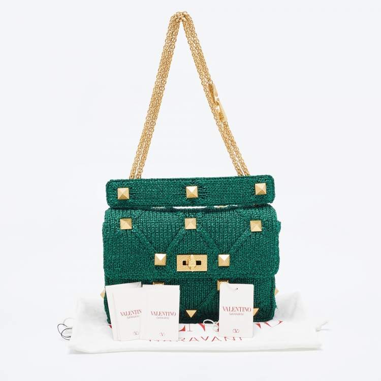 Pre Owned Valentino Green Lurex Frabric Large Roman Stud Shoulder Bag