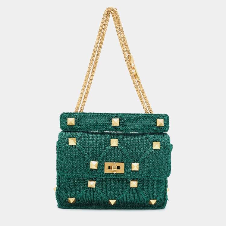 Pre Owned Valentino Green Lurex Frabric Large Roman Stud Shoulder Bag