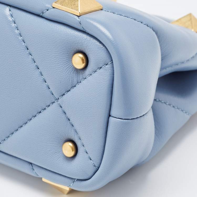 Pre Owned Valentino Blue Quilted Leather Mini Roman Stud Top Handle Bag