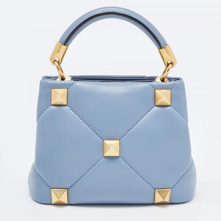 Pre Owned Valentino Blue Quilted Leather Mini Roman Stud Top Handle Bag