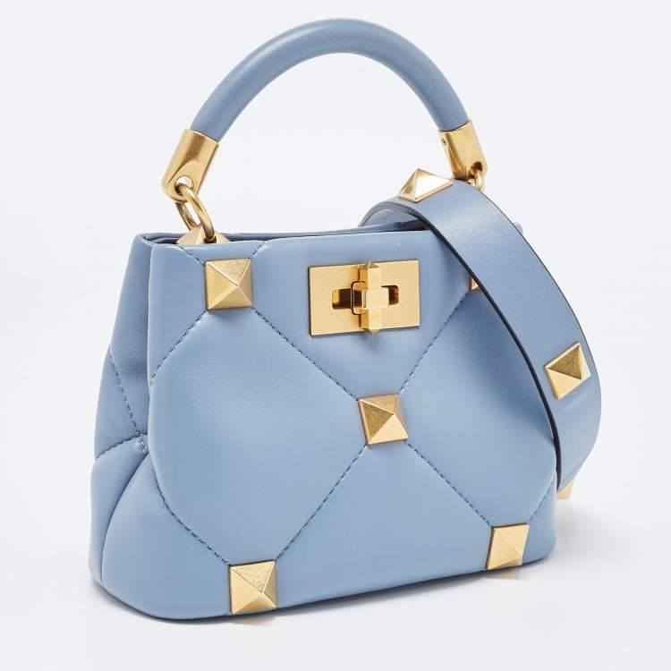 Pre Owned Valentino Blue Quilted Leather Mini Roman Stud Top Handle Bag