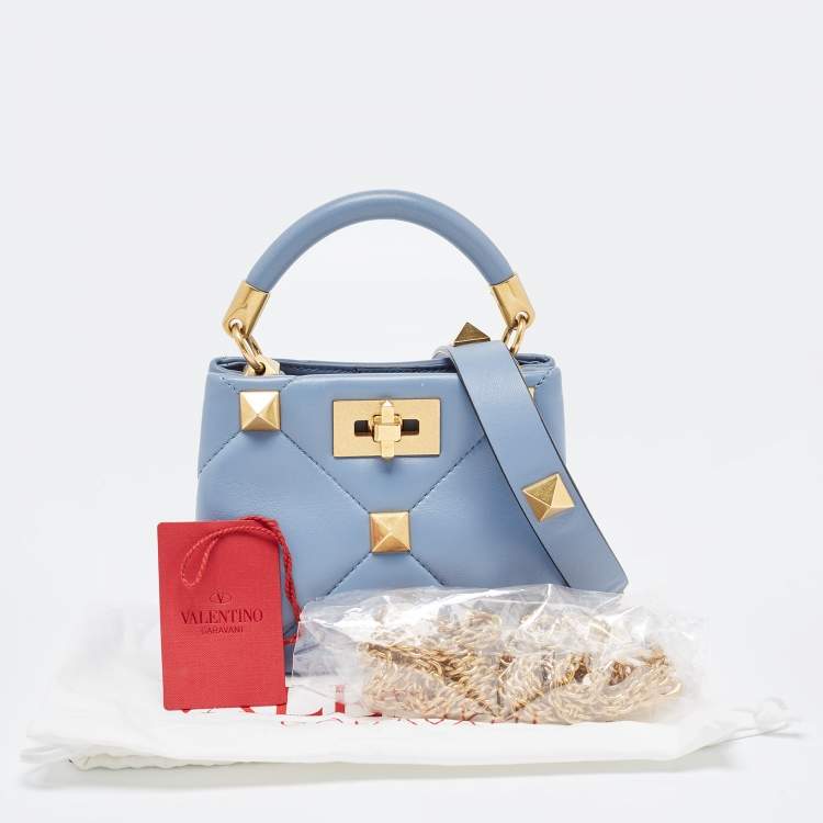 Pre Owned Valentino Blue Quilted Leather Mini Roman Stud Top Handle Bag
