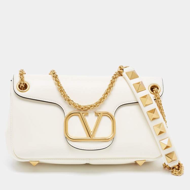 Pre Owned Valentino Ivory Leather Stud Sign Shoulder Bag