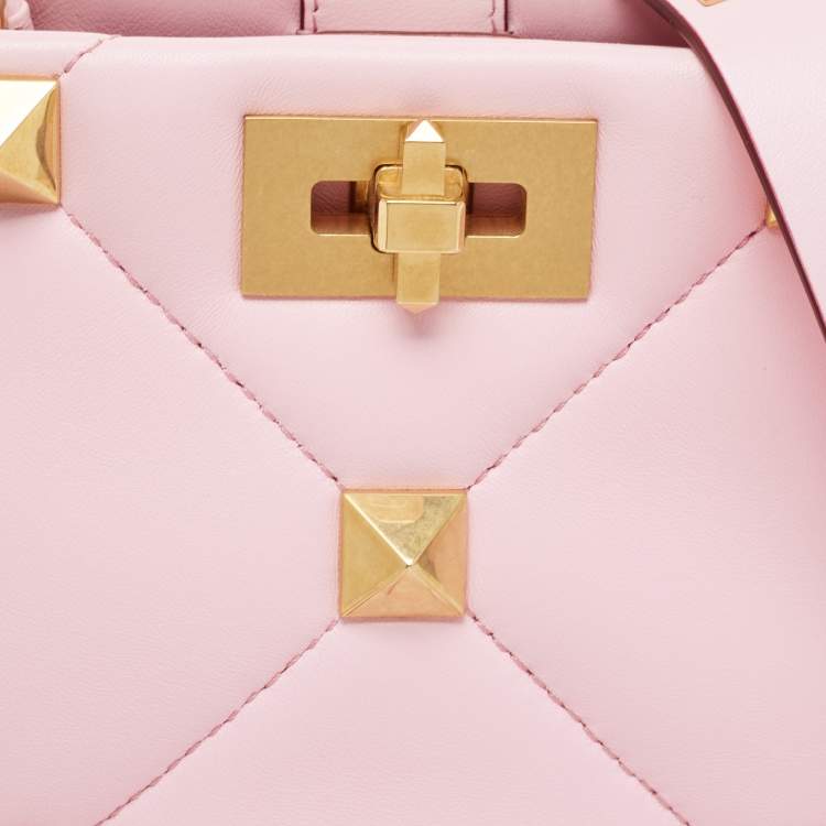 Pre Owned Valentino Pink Quilted Leather Mini Roman Stud Top Handle Bag