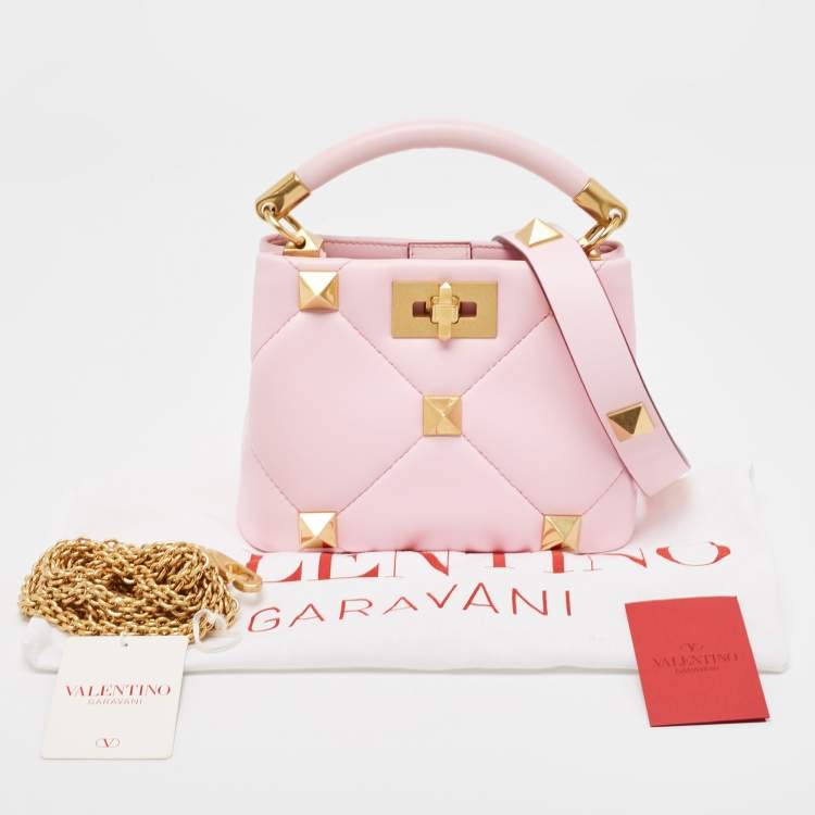 Pre Owned Valentino Pink Quilted Leather Mini Roman Stud Top Handle Bag