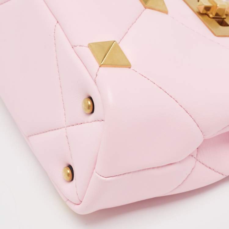 Pre Owned Valentino Pink Quilted Leather Mini Roman Stud Top Handle Bag