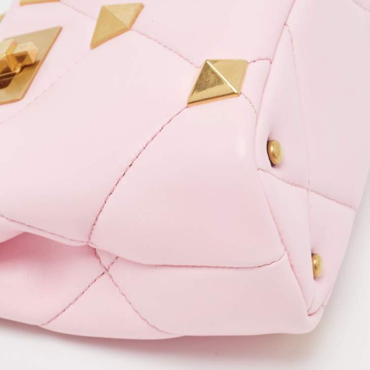 Pre Owned Valentino Pink Quilted Leather Mini Roman Stud Top Handle Bag