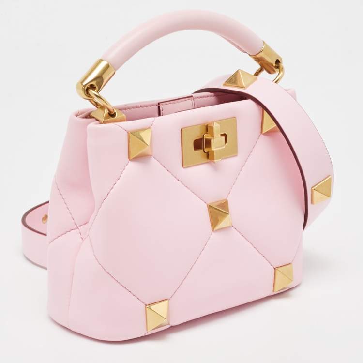 Pre Owned Valentino Pink Quilted Leather Mini Roman Stud Top Handle Bag