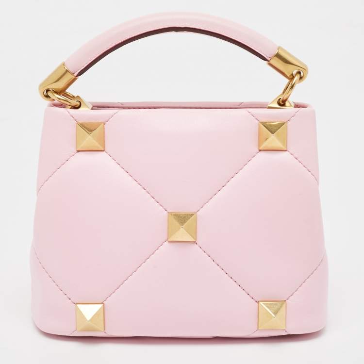 Pre Owned Valentino Pink Quilted Leather Mini Roman Stud Top Handle Bag