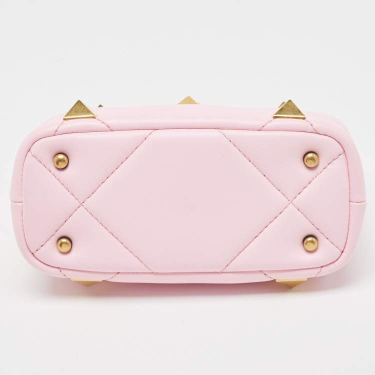 Pre Owned Valentino Pink Quilted Leather Mini Roman Stud Top Handle Bag