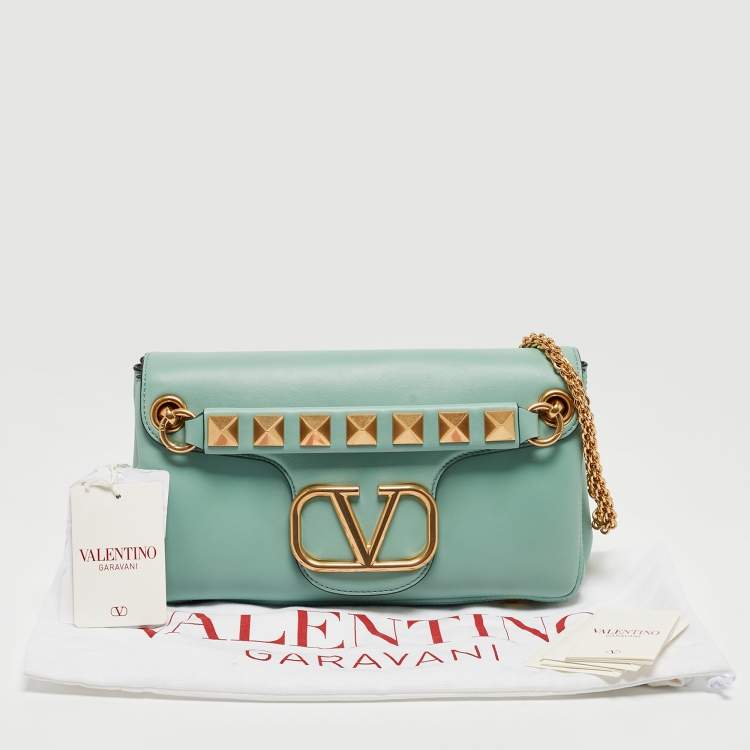 Pre Owned Valentino Mint Green Leather Stud Sign Shoulder Bag