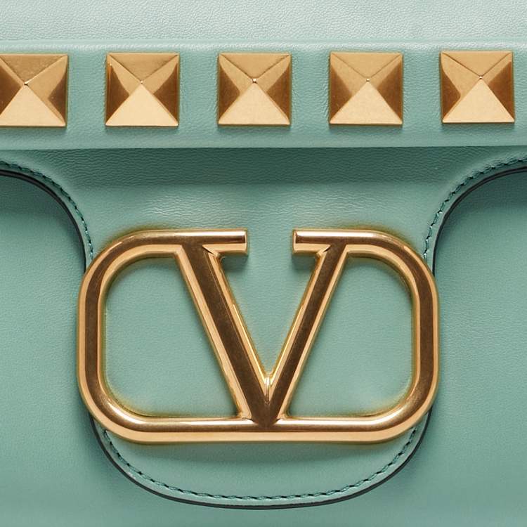 Pre Owned Valentino Mint Green Leather Stud Sign Shoulder Bag