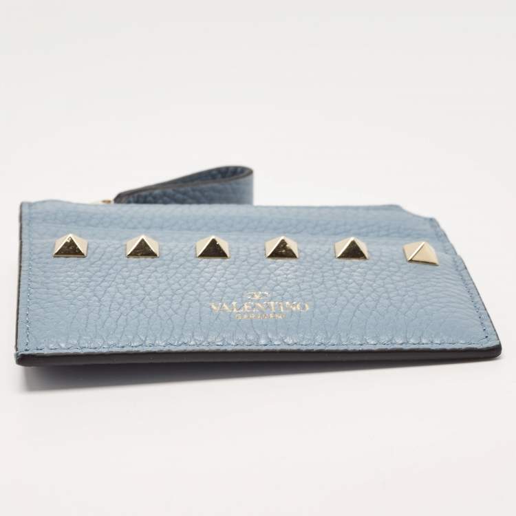 Pre Owned Valentino Blue Leather Rockstud Zip Card Holder