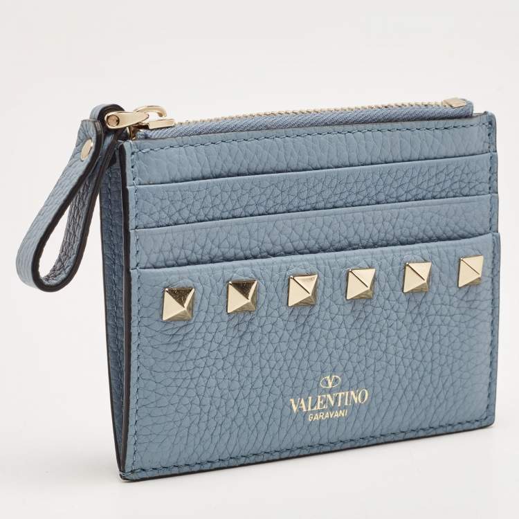Pre Owned Valentino Blue Leather Rockstud Zip Card Holder