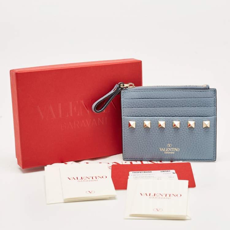 Pre Owned Valentino Blue Leather Rockstud Zip Card Holder