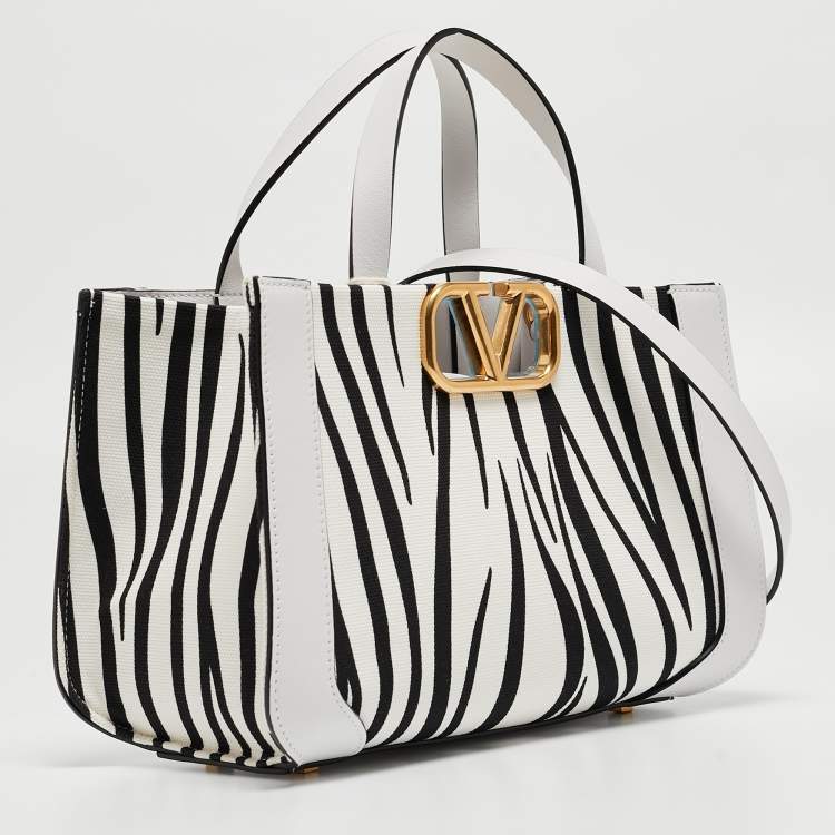 Pre Owned Valentino White/Black Zebra Print Canvas and Leather Small VLogo Tote