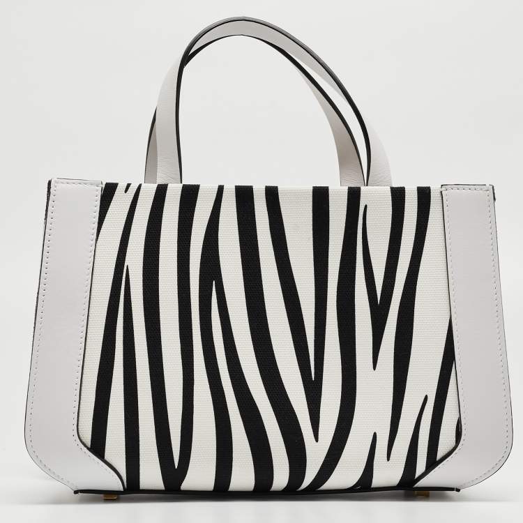 Pre Owned Valentino White/Black Zebra Print Canvas and Leather Small VLogo Tote
