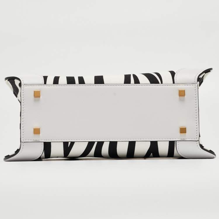 Pre Owned Valentino White/Black Zebra Print Canvas and Leather Small VLogo Tote
