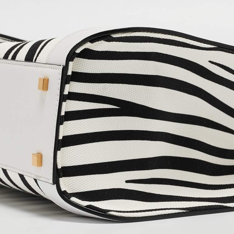 Pre Owned Valentino White/Black Zebra Print Canvas and Leather Small VLogo Tote